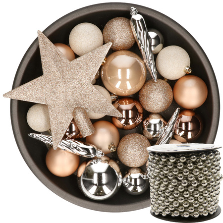 33x pcs plastic christmas baubles brown-white-silver incl. tree topper and bead garland silver