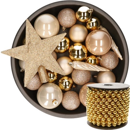 Kunststof kerstballen 33x st goud-champagne-bruin met piek en kralenslinger goud