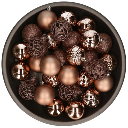 Kunststof kerstballen 37x stuks bruin 6 cm