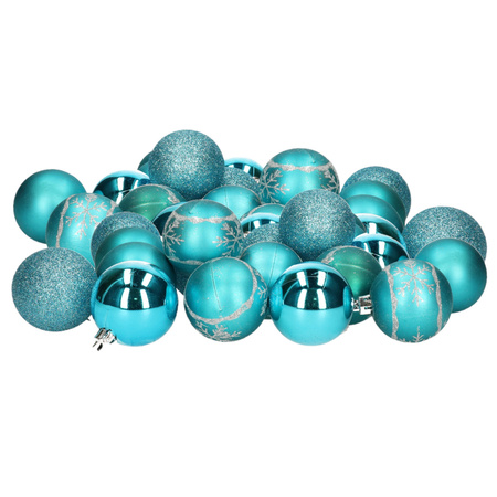 Kunststof kerstballen 40x stuks turquoise blauw mix 6 cm