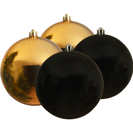 Kunststof kerstballen 4x stuks goud en zwart 14 cm 