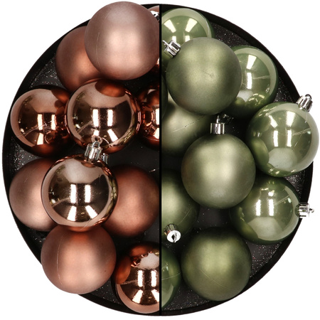 Kunststof kerstballen 6 cm  - 24x stuks - bruin en groen