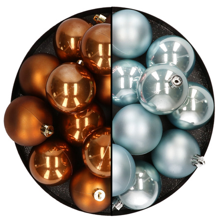 Kunststof kerstballen 6 cm - 24x stuks - bruin en lichtblauw