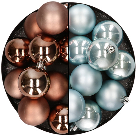 Kunststof kerstballen 6 cm - 24x stuks - bruin en lichtblauw