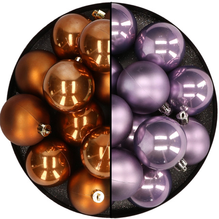 Kunststof kerstballen 6 cm - 24x stuks - bruin en lila paars