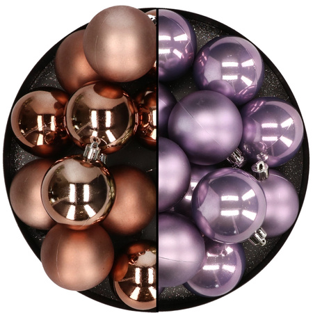 Kunststof kerstballen 6 cm  - 24x stuks - bruin en lila paars 