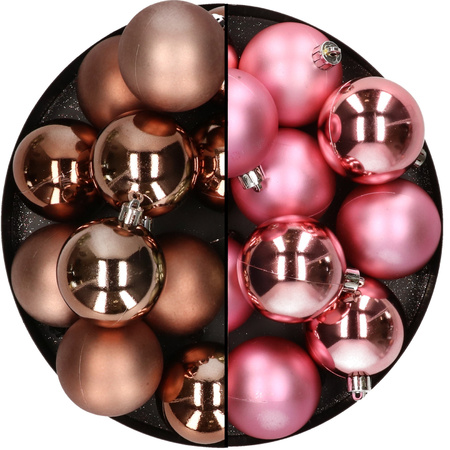 Kunststof kerstballen 6 cm - 24x stuks - bruin en roze