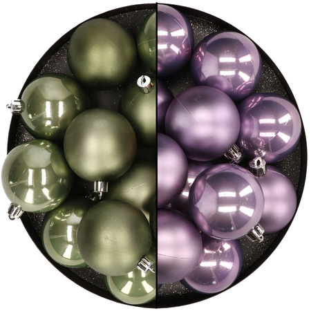 24x Plastic christmas baubles moss green and lilac 6 cm mix