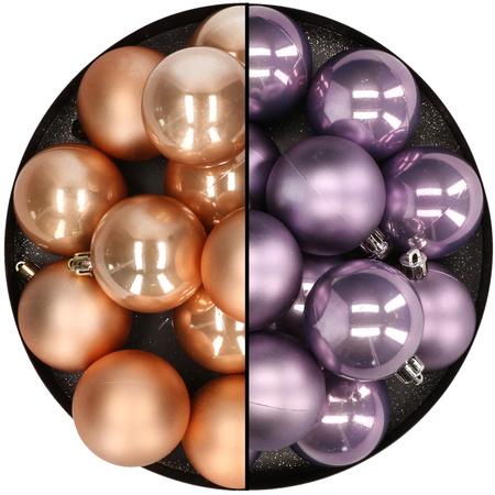 24x Plastic christmas baubles light brown and lilac purple 6 cm mix