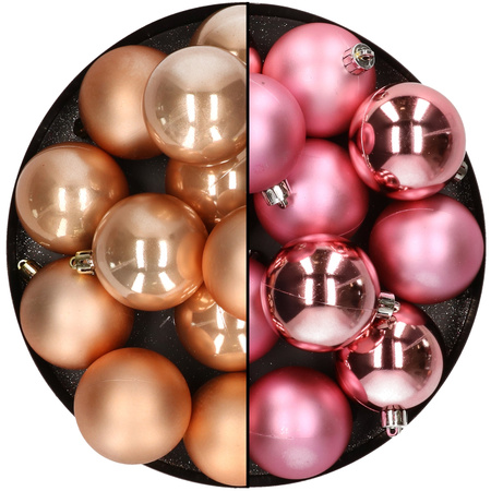 Kunststof kerstballen 6 cm  - 24x stuks - lichtbruin en roze