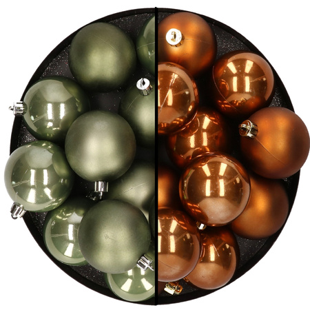 24x Plastic christmas baubles moss green and brown 6 cm mix