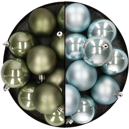 24x Plastic christmas baubles moss green and light blue 6 cm mix
