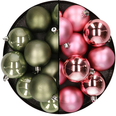 24x Plastic christmas baubles moss green and pink 6 cm mix
