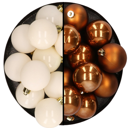 Kunststof kerstballen 6 cm - 24x stuks - wol wit en bruin