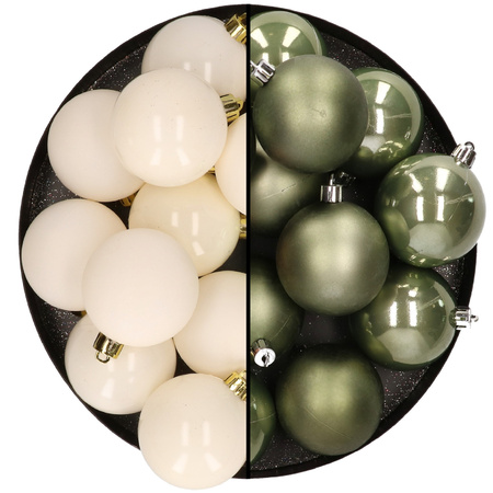 Kunststof kerstballen 6 cm  - 24x stuks - wol wit en groen