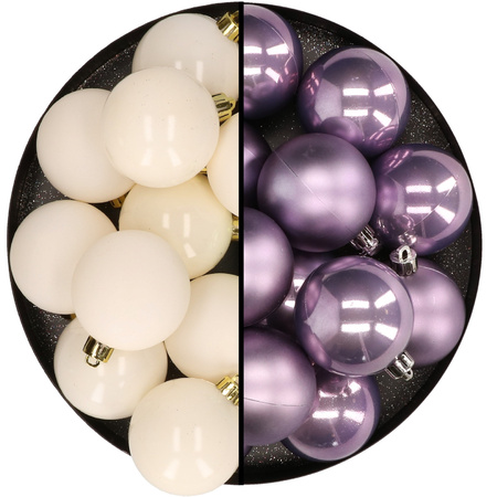 Kunststof kerstballen 6 cm  - 24x stuks - wol wit en lila paars