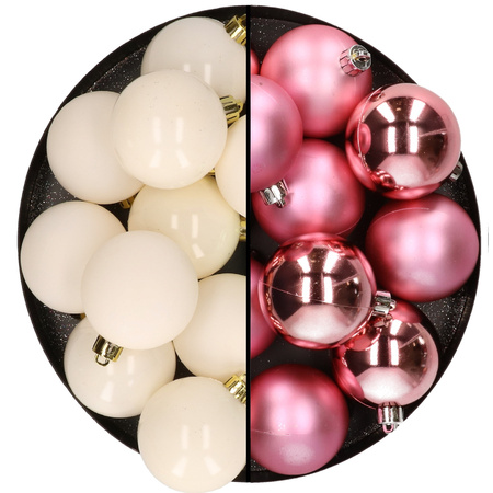 24x Plastic christmas baubles wool white and lipstick pink 6 cm mix