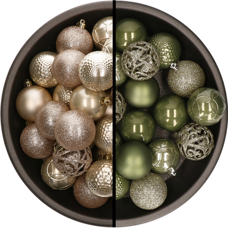 74x pcs plastic christmas baubles champagne and army green 6 cm