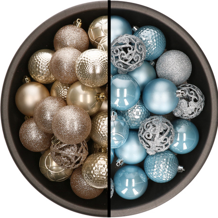 Kunststof kerstballen 74x stuks champagne en lichtblauw 6 cm