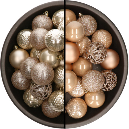 Kunststof kerstballen 74x stuks champagne en lichtbruin 6 cm