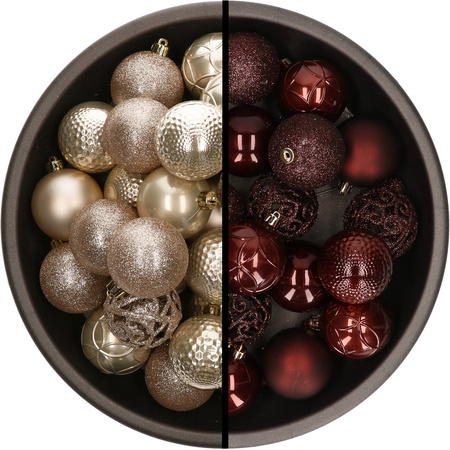 74x pcs plastic christmas baubles champagne and redwood brown 6 cm