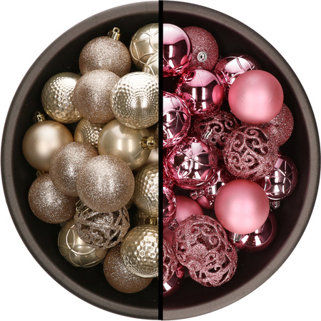 74x pcs plastic christmas baubles champagne and pink 6 cm