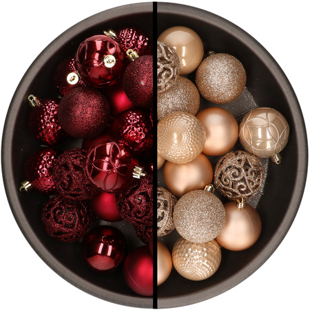 Kunststof kerstballen 74x stuks donkerrood en lichtbruin 6 cm