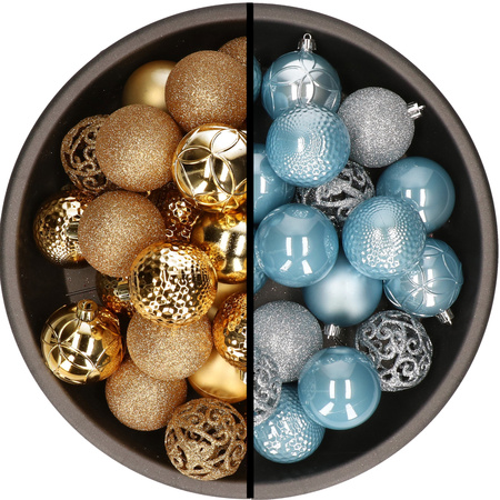 Kunststof kerstballen 74x stuks goud en lichtblauw 6 cm