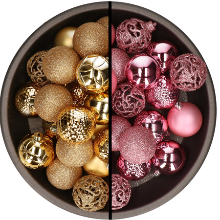 74x pcs plastic christmas baubles gold and pink 6 cm