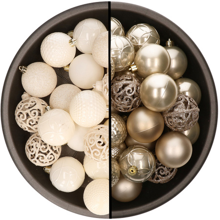 74x pcs plastic christmas baubles wool white and champagne 6 cm