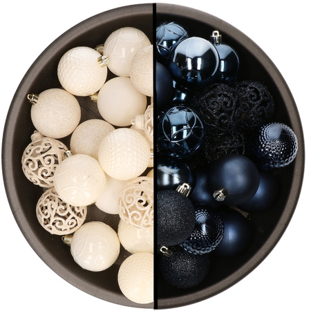 Kerstballen - 74x stuks - wol wit en donkerblauw - 6 cm - kunststof