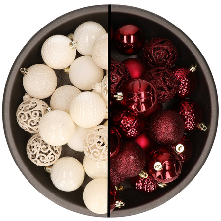 Kerstballen - 74x stuks - wol wit en donkerrood - 6 cm - kunststof