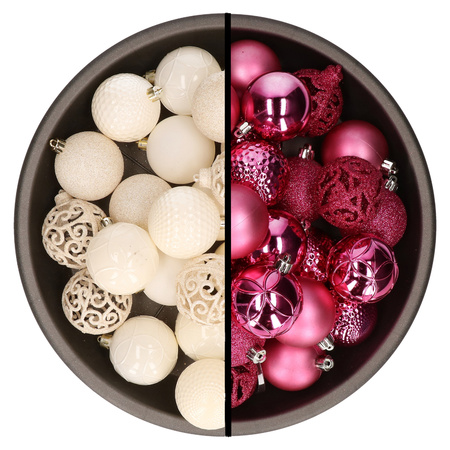 Kerstballen - 74x stuks - wol wit en fuchsia roze - 6 cm - kunststof