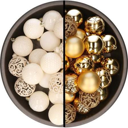 Kerstballen - 74x stuks - wol wit en goud - 6 cm - kunststof