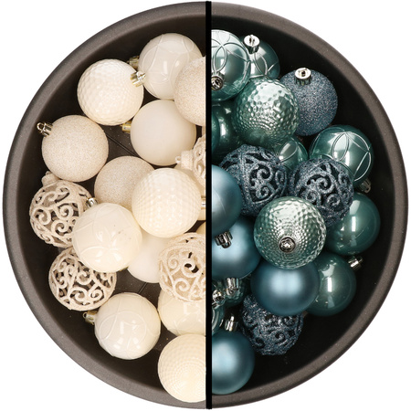 Kerstballen - 74x stuks - wol wit en ijsblauw - 6 cm - kunststof