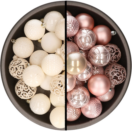 Kerstballen - 74x stuks - wol wit en lichtroze - 6 cm - kunststof
