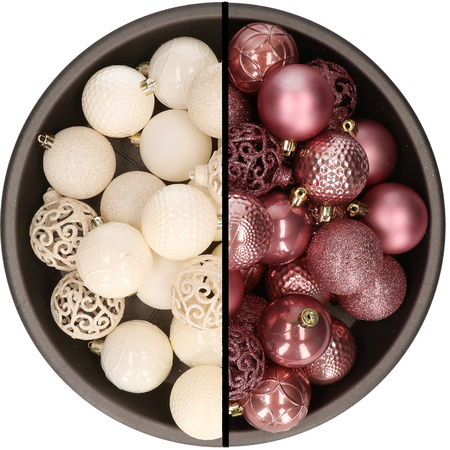 Kerstballen - 74x stuks - wol wit en oudroze - 6 cm - kunststof