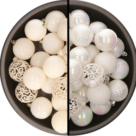 Kerstballen - 74x stuks - wol wit en parelmoer - 6 cm - kunststof