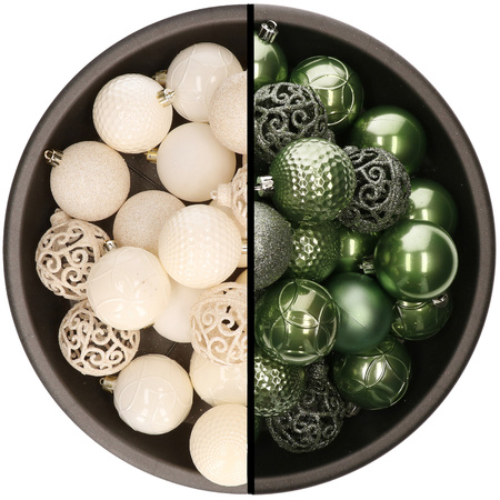Kerstballen - 74x stuks - wol wit en salie groen - 6 cm - kunststof