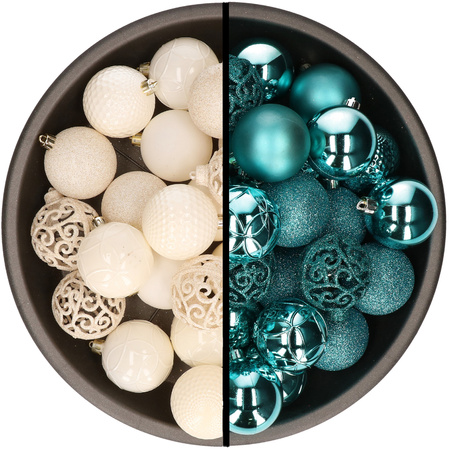 Kerstballen - 74x stuks - wol wit en turquoise blauw - 6 cm - kunststof