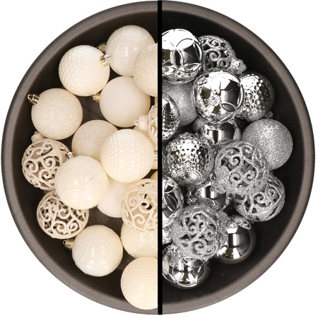 Kerstballen - 74x stuks - wol wit en zilver - 6 cm - kunststof