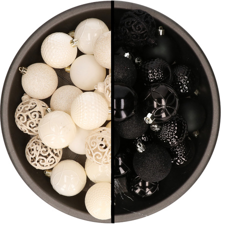 Kerstballen - 74x stuks - wol wit en zwart - 6 cm - kunststof