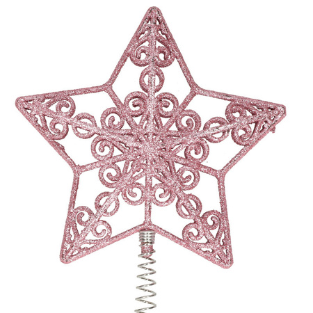 Kunststof kerstboom open ster piek glitter roze 20 cm