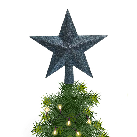 Kunststof piek kerst ster donkerblauw met glitters H19 cm