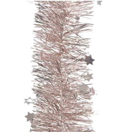 Kerst lametta guirlandes lichtroze sterren/glinsterend 10 cm breed x 270 cm