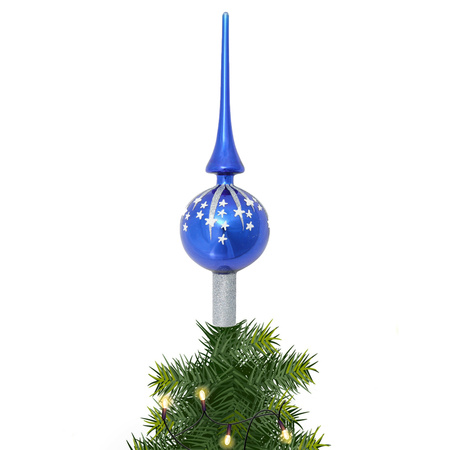 Luxury blue glass tree topper with silver glitter stars 28 cm