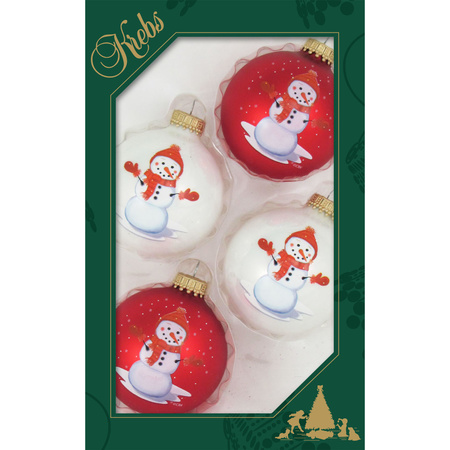 Krebs kerstballen - 4st - glas - wit en rood - sneeuwpop - 7 cm