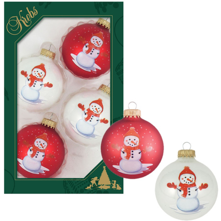 Krebs kerstballen - 4st - glas - wit en rood - sneeuwpop - 7 cm