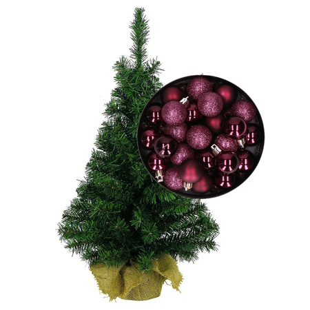 Mini kerstboom/kunst kerstboom H35 cm inclusief kerstballen aubergine paars