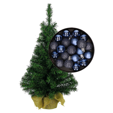 Mini kerstboom/kunst kerstboom H35 cm inclusief kerstballen donkerblauw